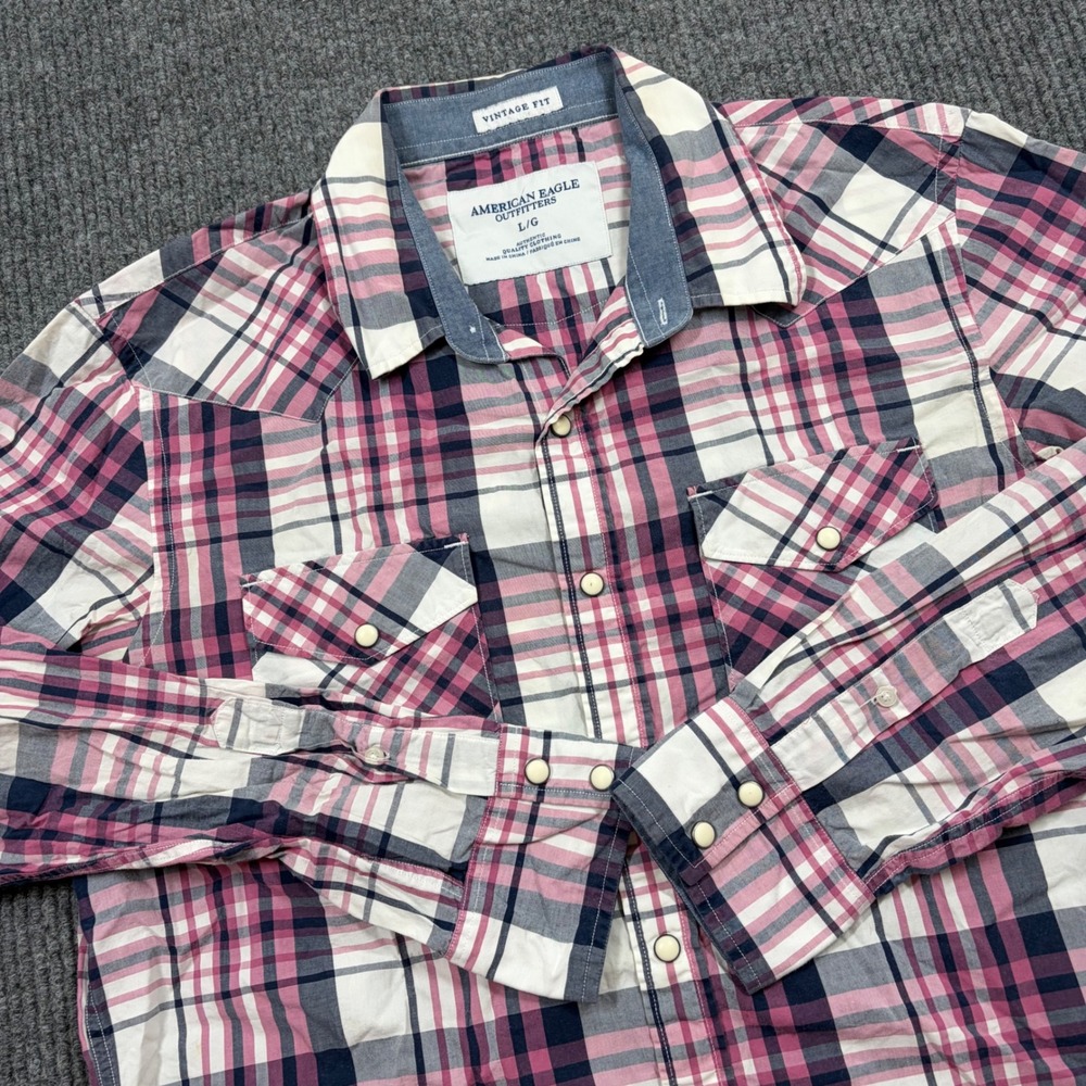American Eagle Outfitters Shirt Mens L Vintage Fit Plaid Pearl Snap Western